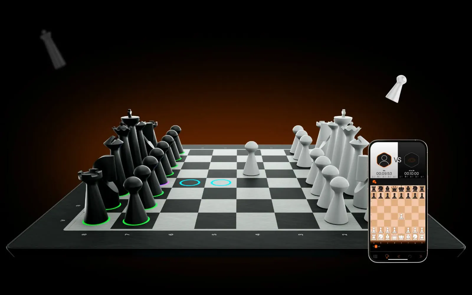 GoChess board with lit rings, beside the app on a phone