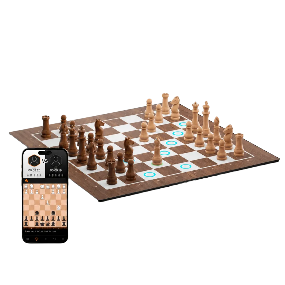 GoChess Pro Classic with carved wooden pieces and the app on a phone